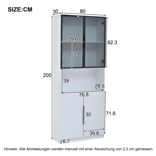 Merax LED Glasvitrine 200 cm Hoch – Moderne Standvitrine mit Glastüren & Aluminiumrahmen, Vitrinenschrank mit verstellbaren Regalen, Multifunktionsschrank für Wohnzimmer, Weiß 80×30×200 cm