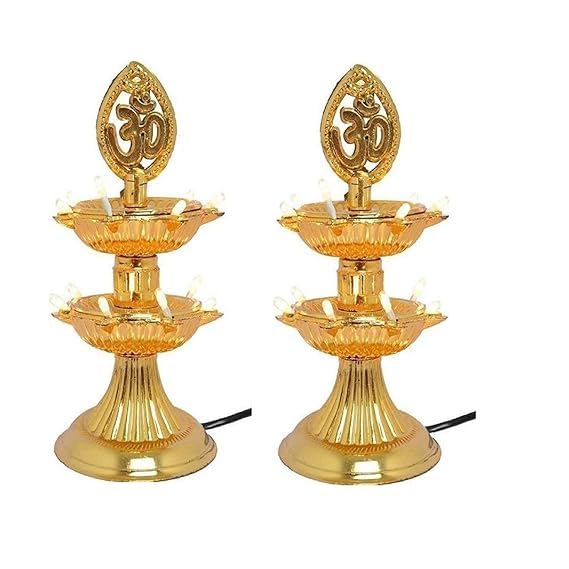 Set of 2 Electric Gold LED Diya for Pooja | 2-Layer Decorative Deepak Light | Temple Lamp for Mandir, Home, Office, Festive Gift for Diwali & Religious Use