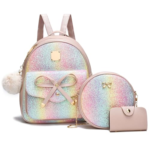 Image of I IHAYNER Girls Bowknot 3-Pieces Fahsion Leather Backpack Backpack Purse for Women Rucksack for Ladies Shoulder Bag