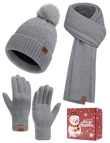 Imagen de Voqeen Conjunto Gorro Bufanda Guantes Mujer Invierno Térmico Larga Bufanda de Punto Cálido Gorro Forro Polar Guantes Tactiles Moda Set Regalo