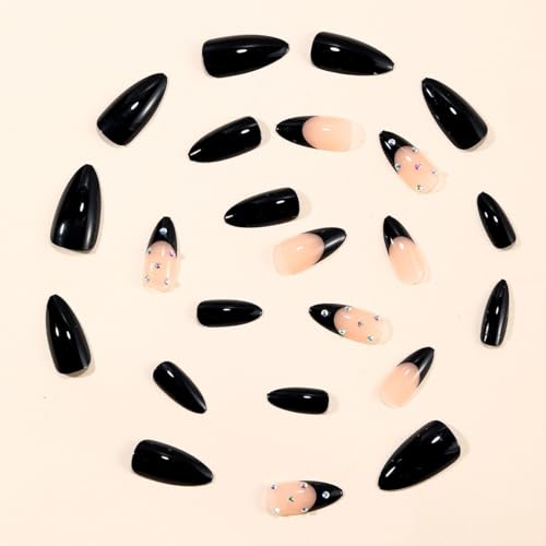 Image of Black Press on Nails French Tip Fake Nails Medium Almond False Nail Rhinestone Glue on Nails Glossy Full Cover Artificial Acrylic Stick on Nail for Women Girls Manicure 24Pcs
