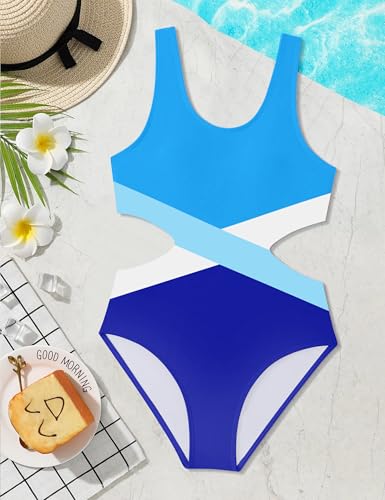 Girls Swimsuit One Piece Cutout Bathing Suit for Girls Cute Swimwear Color Block Beach Padded 7-16y4