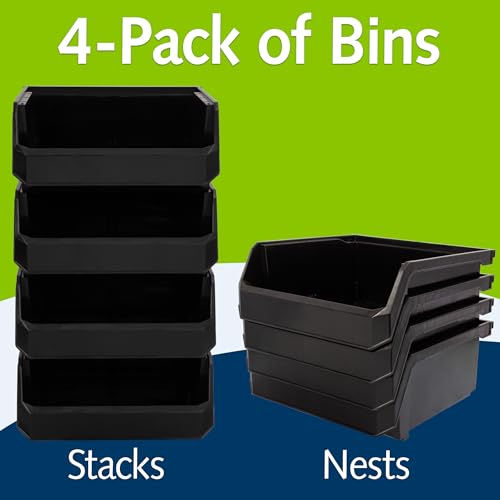 Image of ReadySpace Plastic Containers for Organizing and Storage Bins for Drawers, Desks, Office Organization, and Garage, Stackable Bins, Medium-Wide (5 inch x 11 inch x 11 inch), 4-Pack, Black