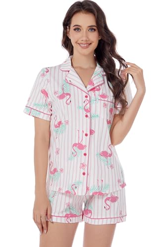 Image of LUBOT 100% Cotton Pajamas for Women 2 Piece PJ Set Button-Down Soft Knit Short Sleeve Summer Sleepwear Loungewear XS-XXL
