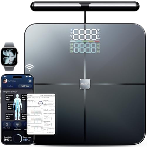 Amzmerit Smart Scale for Body Weight, 8-Electrode Digital Bathroom Scale for Weight Fat BMI, Muscle Mass, 50 Measurements, Bluetooth & Wi-Fi Highly Accurate Weighing Machine, Light Black