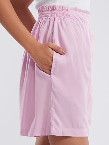 Image of NYKD Everyday Casual Cotton Shorts for Women with Stylish Ruffled Waistband Drawstrings and Side Pockets Night Wear Lounge Shorts - NYS036