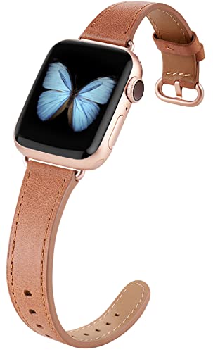 JSGJMY Leather Band Compatible with Apple Watch 38mm 40mm 41mm Women Men Strap for iWatch SE Series 9 8 7 6 5 4(Camel+Match SE/6/5/4/3 Rose Gold, 38mm/40mm/41mm M/L)