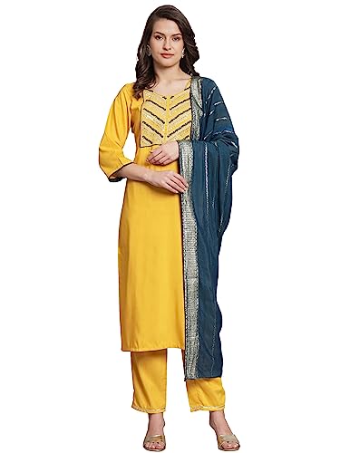 Image of VredeVogel Women Cotton Slub Straight Kurta Set With Pant and Net Embroidery Dupatta