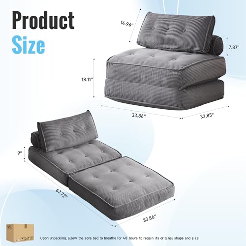 Convertible Sleeper Chair Folding Sofa Bed 33” with Pillow Futon Boneless Couch with Back Support Small Couch for Living Room(Grey) . ( Used see the pictures)