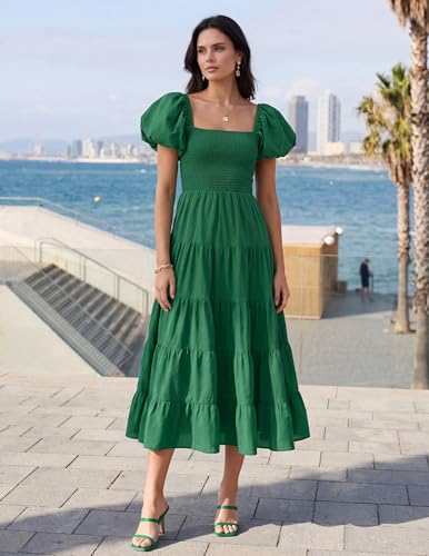 Image of ZESICA Women's 2026 Summer Puff Sleeve Midi Dress 2026 Boho Solid High Waist Flowy Beach Wedding Guest Long Dresses