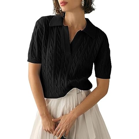 Imily Bela Women's Cable Short Sleeve Sweaters Tops Solid Lapel V Neck Knit Casual Soft Pullover Shirt Black Cover