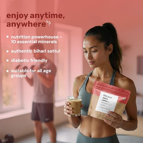 Image of fitlicious Spicy Sattu Powder | Bihari Chana Sattu | Natural & Organic | Gluten-Free, Non-GMO | High Protein & Fiber | Instant PremiX | Healthy Drink For All Ages | Pack Of 10 X 40g Sachets
