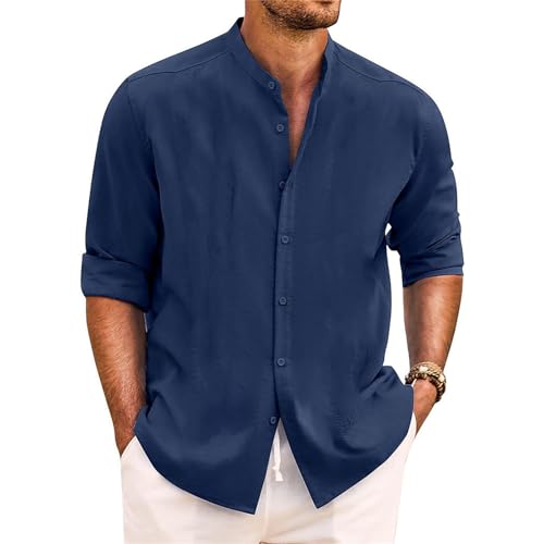 Mens Cotton Linen Shirt Long Sleeve Mandarin Collar Button Down Shirt Lightweight Breathable Beach Tops - Main Image
