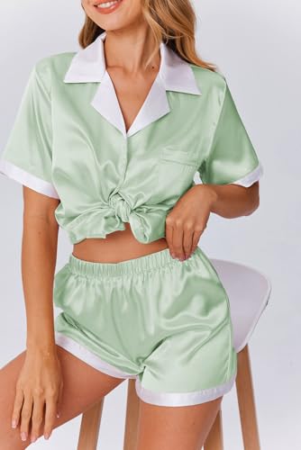 Image of Ekouaer Womens Silk Satin Pajama Set Short Sleeve PJs 2 Piece Button Down Top and Shorts Notch Collar Sleepwear Sets Soft Pjs | Soft sleepwear with pockets, botton down lounge sets, ideal for Home relaxation, Wedding, Party, Daily Wear & Breastfeeding