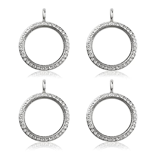 WANDIC Rhinestone Photo Charms, 4 pieces silver Round Memory Locket Pendant Bridal Wedding Bouquet Charms for Photo or Decoration 30mm