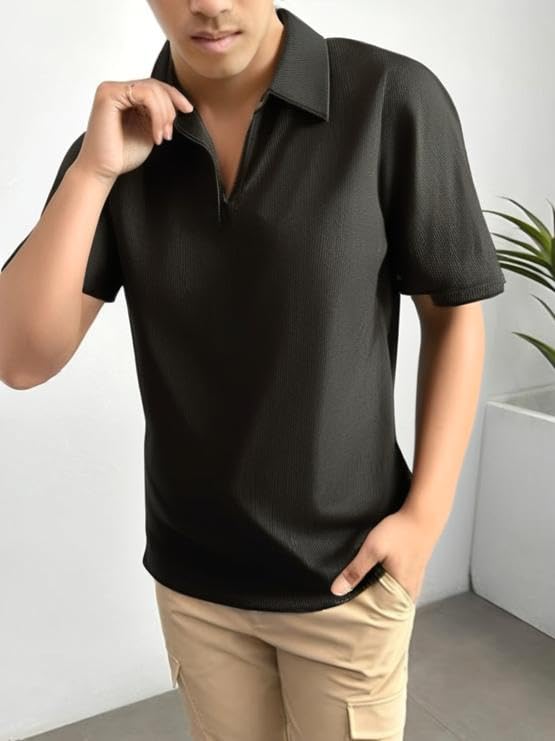 Image of Mack Jonney Ribbed |Regular Fit | Half Sleeves 100% Cotton Polo Neck Self Design with Zip T-Shirt for Men-M826