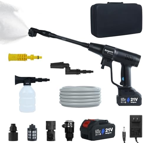 Beiguoo Cordless Pressure Washer 1450 PSI, Cordless Power Washer Gun, 2 4000mAH Battery Operated Power Pressure, Portable High Pressure Washer with 6-in-1 Nozzel for Car/Floor/Fence/Sidewalk, Black
