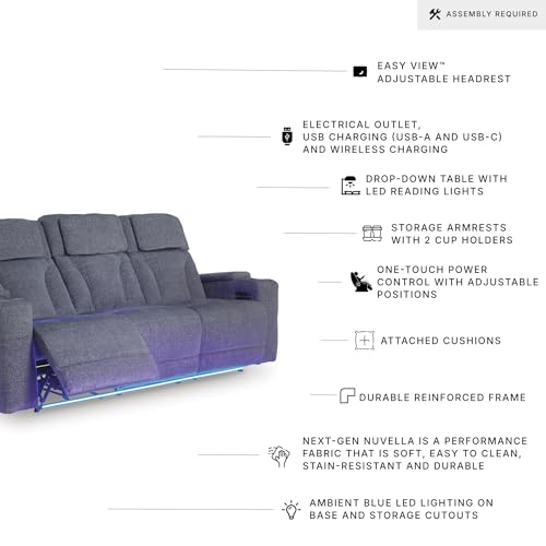 Image of Signature Design by Ashley RiverTest Power Reclining Sofa, Easy View Adjustable Headrest & Drop Down Table, Stain Resistant Next-Gen Nuvella Performance Fabric for Home Theater, Steel Gray, 86 inch W