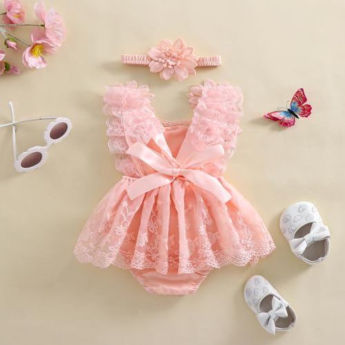 Toddler Baby Girl Summer Dress Sleeveless Lace Tulle One Piece Mesh Skirt Hem Jumpsuits with Headband2