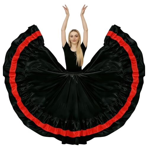 Baisdan Dance Skirt for Women, Flamenco & Belly Dance Skirt, Long Satin Spanish Folk Costume, Halloween Costume, Black-Red