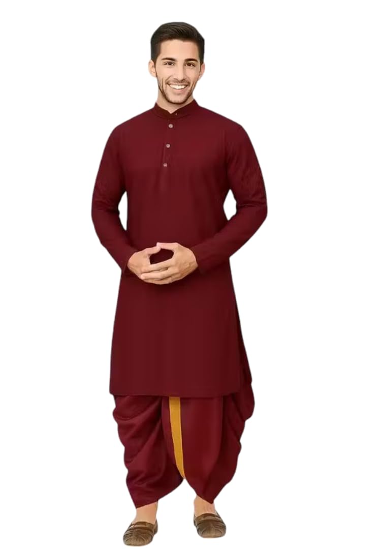 Men Traditional Kurta Dhoti Set for Wedding & Festival, Ethnic Indian Wear, Full Sleeve Solid Kurta with Dhoti with Cotton Polysilk-picture-50