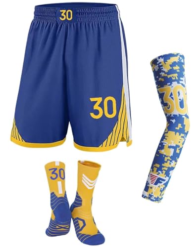 Basketball Shorts for Fans Youth Kids Basketball Shorts with Pockets + Youth Basketball Socks, Arm Sleeves (7-8 Years, 30 1 Pack Blue)