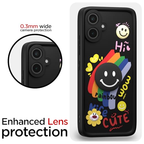 Image of Pikkme Back Cover for Samsung Galaxy F06 5G / M06 5G | Soft Silicone| Cute Rainbow Smile & 3D Cartoon Flower Design | Shockproof Raised Camera Protection Bumper Case (Black)