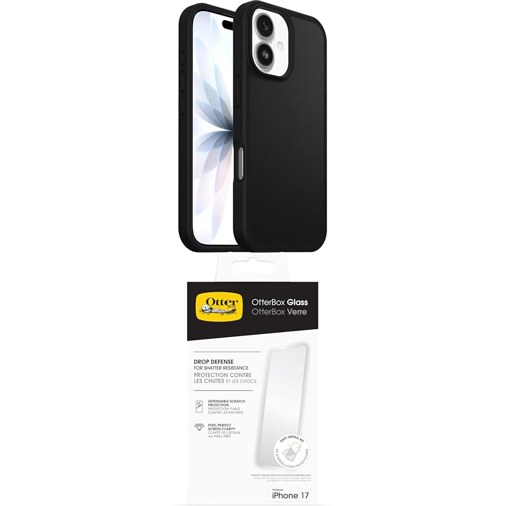 OtterBox React Series MagSafe funda para iPhone 17, Testada con los estándares Militares anticaídas, Negro + OtterBox Glass Protector de Pantalla de Cristal Templado