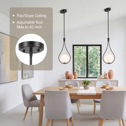 Image of Black Pendant Lights Kitchen Island with Milky White Globe Glass, 2 Pack | Mid Century Adjustable Hanging Pendant Light Fixtures