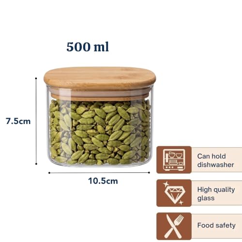 Image of Airtight Square Glass Storage Jar with Bamboo Lid, 500ml Multipurpose Kitchen Container for Coffee, Tea, Sugar, Masala, Spices & Dry Fruits | Modern Transparent Pantry Organizer (Pack of 8)