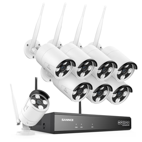 SANNCE Kit Telecamere Videosorveglianza WiFi NVR 5MP, Telecamera Sorveglianza 8CH con 8 Wireless Videocamera Esterno,Visione Notturna,Motion Detection,Allarme E-mail,IP66 Impermeabile-Senza HDD
