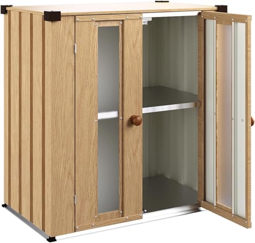 YODOLLA Armoire de Rangement Extérieure en Métal, Petite Armoire de Jardin Résistante aux Intempéries avec 1 Étagère, Armoire à Outils pour Jardin et Patio - 77 x 46 x 79 cm, Imitation Bois