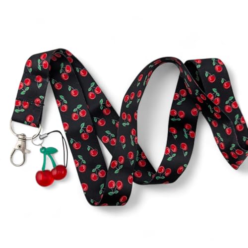 Cherry Pop Lanyard - black neck strap with red acrylic cherries charm - kitschy retro rockabilly key ring