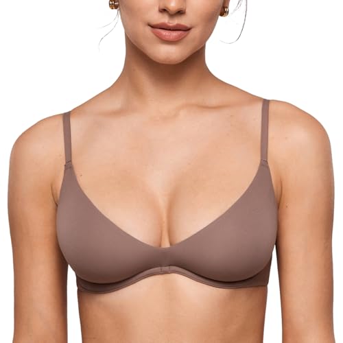 Image of INLYRIC Women's Inbarely Plus Plunge Bra Scoop Neck Unlined Underwire Sexy Demi Balconette Bras Brown Purple 32DD