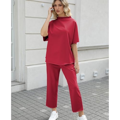 Image of SeeLuNa Women's Two Piece Outfits 3 /4 Batwing Sleeve Capelet Crew Neck Pullover Top Wide Leg Pants Lounge Set
