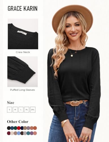 Image of GRACE KARIN Fall Sweaters for Women 2026 Puff Long Sleeve Crewneck Dressy Casual Tops Crochet Hollow Out Cute Pullover Blouse