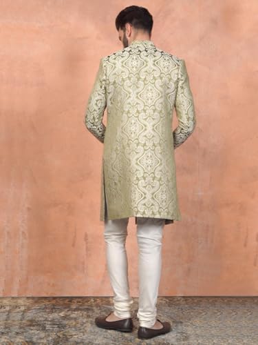 Image of KISAH Men's Ethnic Wear Silk Blend Woven Design Regular Fit Olive Indo-Western Sherwani Set Indo-Western