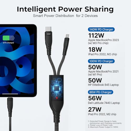 Image of Verilux Type C Splitter Charging Cable 1 to 2, 140W PD Fast Charging USB C to Dual USB C Cable Nylon Braided Cord, Dual Device Charging Cord with 480Mbps Data Sync, for Phone, Tablet