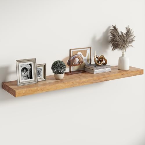 Image of RICHFOCUS Elm Floating Shelves for Wall - 48 inch W x 9.3 inch D Rustic Solid Wood Shelves with Invisible Bracket, Wall-Mounted for Living Room, Bedroom, Kitchen Storage & Display, Set of 1, Natural
