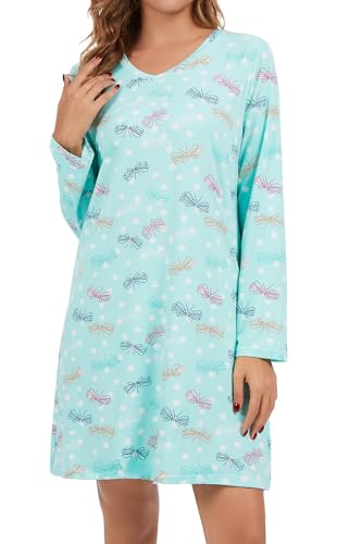 Image of Kabento 2 Pack Long Sleeve Nightgowns for Women Soft Cotton Night Gowns Sleepwear V Neck Nightshirts