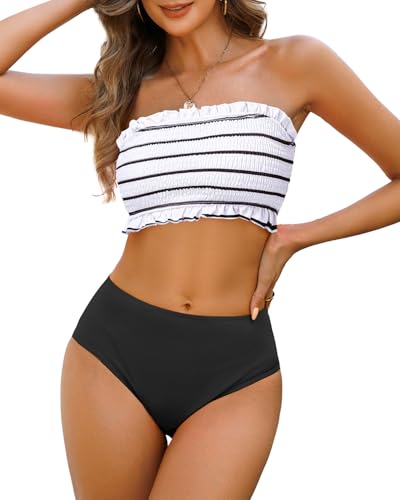 12 Best Off The Shoulder Two Piece Swimsuits for Women Over 50 (2026) 15 Tempt Me Black White Stripe Women Bandeau High Waisted Bikini Sets Smocked Swimsuit Strapless Two Piece Bathing Suit M