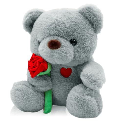 Teddybär, Teddy mit Rose 25cm, Plüsch-Bär Teddy Kuscheltier, Muttertagsgeschenke für Mama, Süßer Stoffbär Spielzeug als Geschenk für Mama, Freundin, Kinder zu Valentinstag, Geburtstag, Muttertag
