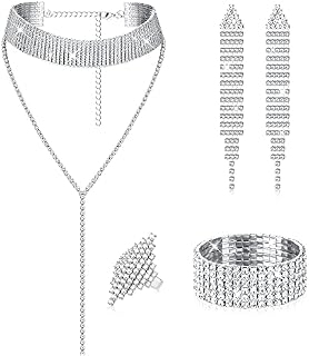 ADRAMATA Women Rhinestone Crystal Jewelry Set Rhinestone Bracelet Bangle Tassel Choker Necklace Ring Dangle Fringe Earrings for Bridal Wedding Party
