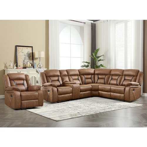Image of EBELLO Faux Leather Reclining Sectional Sofa Set for Living Room, 1 Recliner Chair and L-Shaped Reclining Couches Home Furniture Set with Center Console, Hidden Cup Holders and Storage, Brown