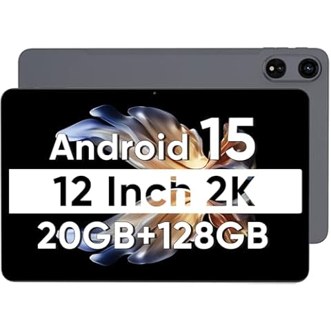 Android 15 Tablet, 12 inch Tablet with 2000x1200 2K Display, 20GB RAM 128GB ROM 2TB Expand, T615 Octa-Core Processor, 8000mAh, Widevine L1, GPS, BT5.2, WiFi 5, MP Dual Camera (Black) Cover