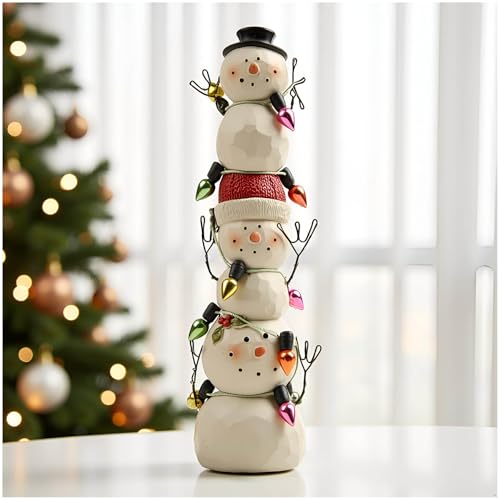 PlentifulHome Stacked Snowman Figurine – Resin Christmas Snowman Decorations for Indoor Display, Festive Winter Ornament for Holiday Table or Shelf Decor (13cm)