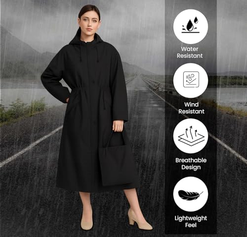 Image of Allextreme Unisex Raincoat with Adjustable Hood Full Sleeves Long Length Lightweight Waterproof Outdoor Rainwear for Women and Men (2XL, Black)