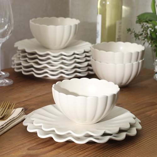 Image of Gibson Elite Bistro Fleur Plates and Bowls Sets, 12-Piece Stoneware Dinnerware Set for 4, Ivory White Scalloped Dish Set with Dinner Plates, Salad Plates & Bowls