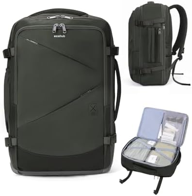 green carry on travel backpack opened to show 180 degree zipper