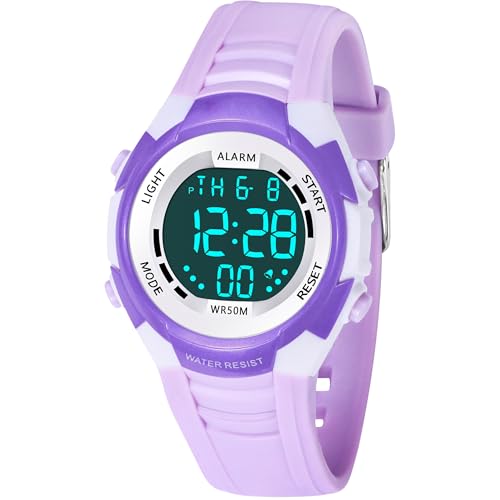 DTKID Relógio digital para meninos e meninas com 7 cores LED, despertador, cronómetro - resistente à água 50 m - para desportos e ar livre - Idades 5-18 anos, Roxo, Moderno